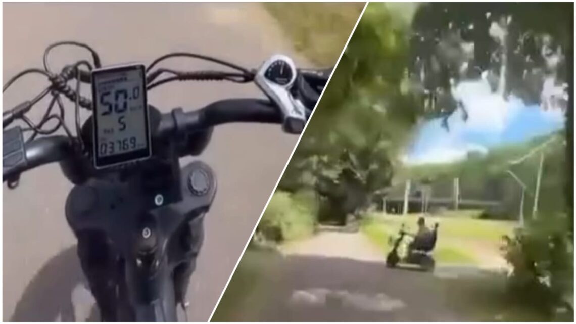 Bizarre beelden: Gozer rijdt 50 km/u op fatbike en ziet overstekende scootmobiel te laat! Bizarre beelden: Gozer rijdt 50 km/u op fatbike en ziet overstekende scootmobiel te laat!
