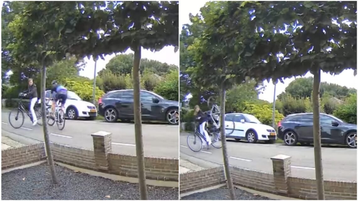 Deurbelcamera legt vliegende wielrenner in woonwijk vast op beeld! Deurbelcamera legt vliegende wielrenner in woonwijk vast op beeld!