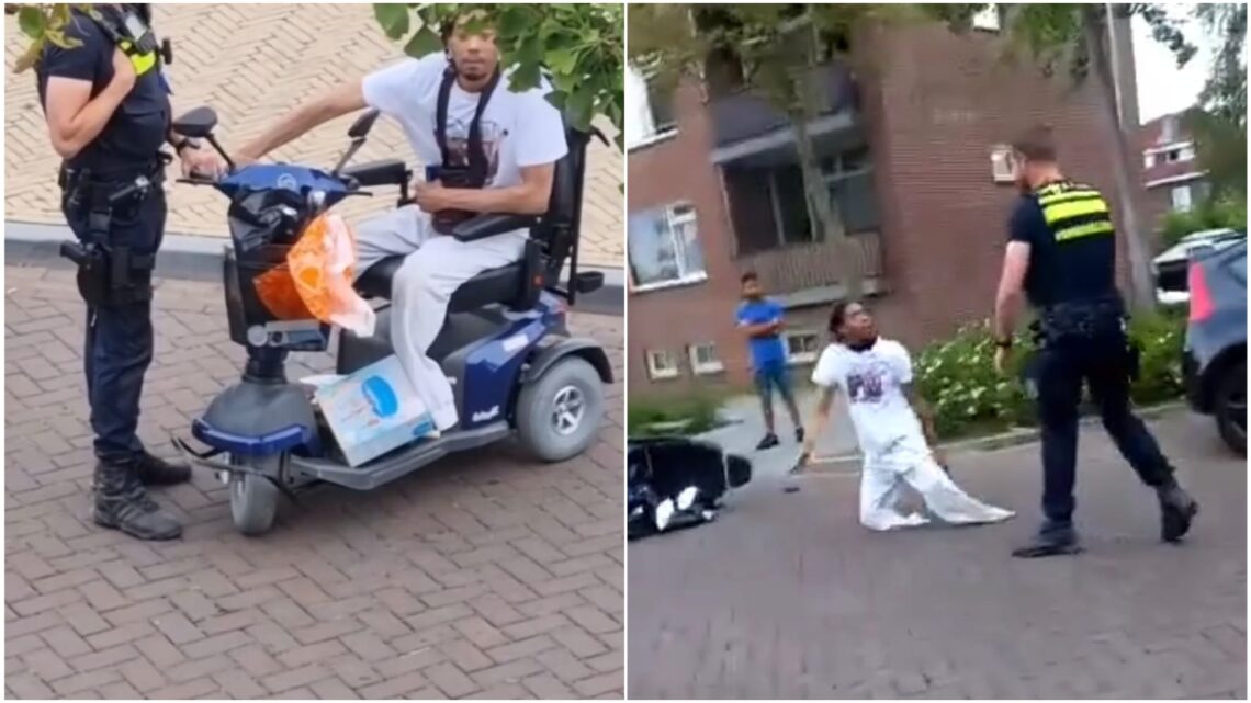 Bizarre beelden: Politie duwt man zonder benen snoeihard uit zijn scootmobiel! Bizarre beelden: Politie duwt man zonder benen snoeihard uit zijn scootmobiel!