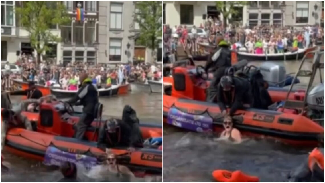 Pride 2025: Politie sleurt demonstrant aan haar paardenstaart door de grachten! Pride 2025: Politie sleurt demonstrant aan haar paardenstaart door de grachten!