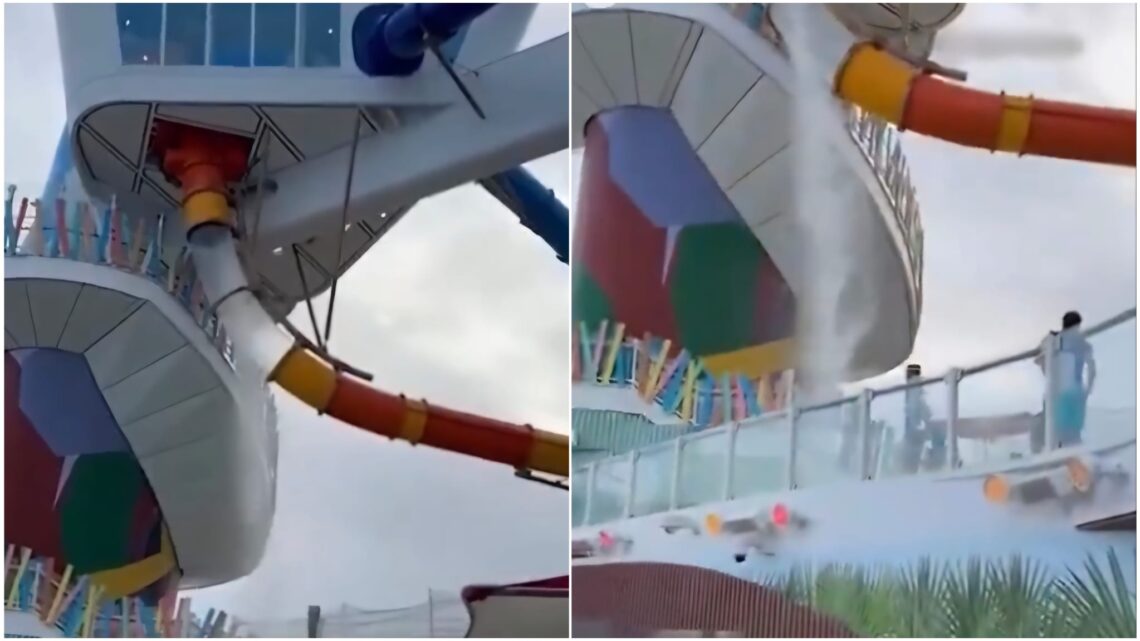 Grote paniek op luxe cruiseschip: Glijbaanpaneel van acrylglas breekt! Grote paniek op luxe cruiseschip: Glijbaanpaneel van acrylglas breekt!